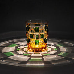 Edo Kiriko Green Amber Grid | Hand Cut Czech Crystal Whiskey Glass & Old Fashioned Rocks Glass | Bohemian Gift (13.5oz)
