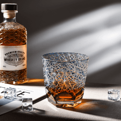 Edo Kiriko Blue Starburst | Hand Cut Crystal Whiskey Glass & Old Fashioned Rocks Glass | Japanese Gift (10oz)