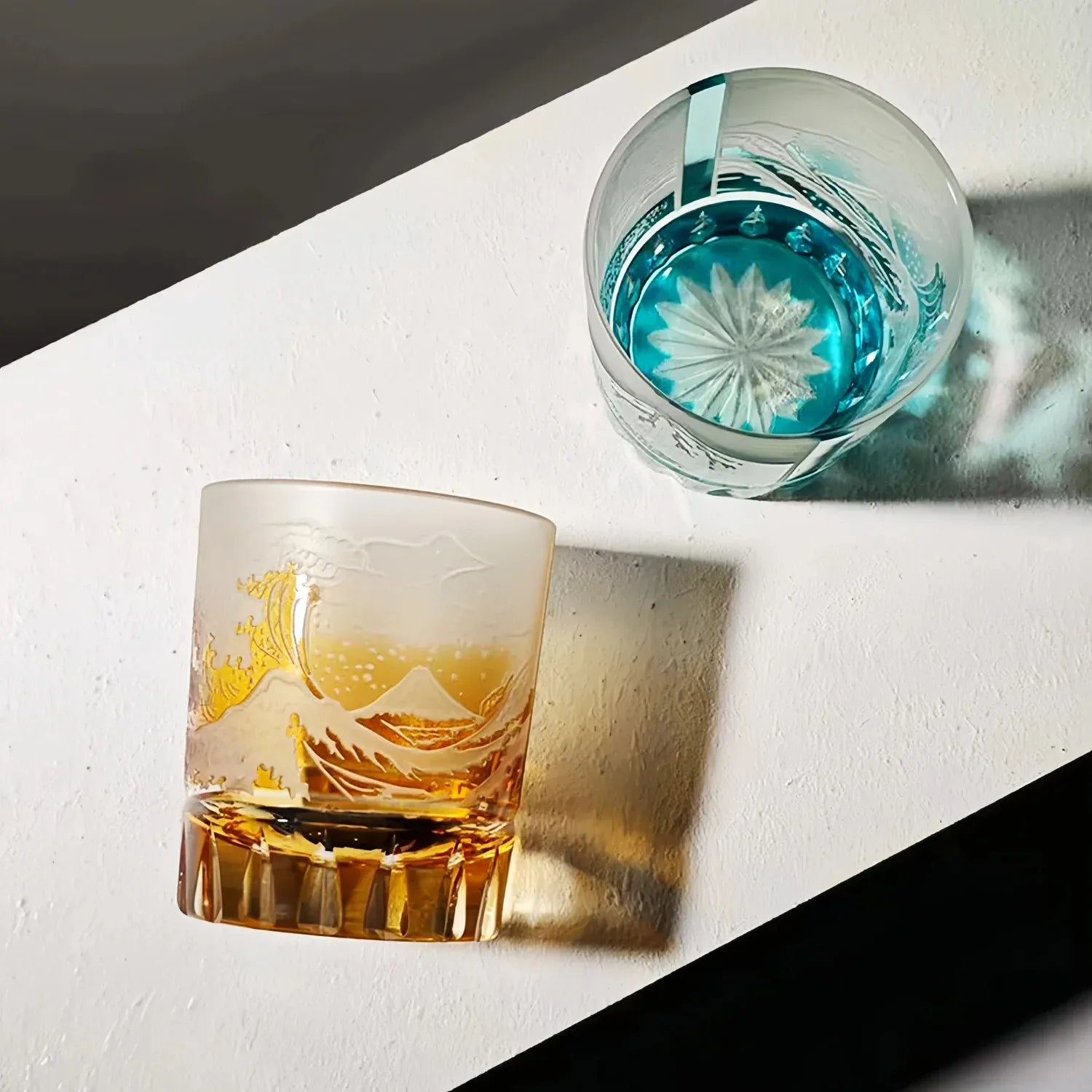 Edo Kiriko Fuji Wave whisky glasses with amber front glass and blue base detail