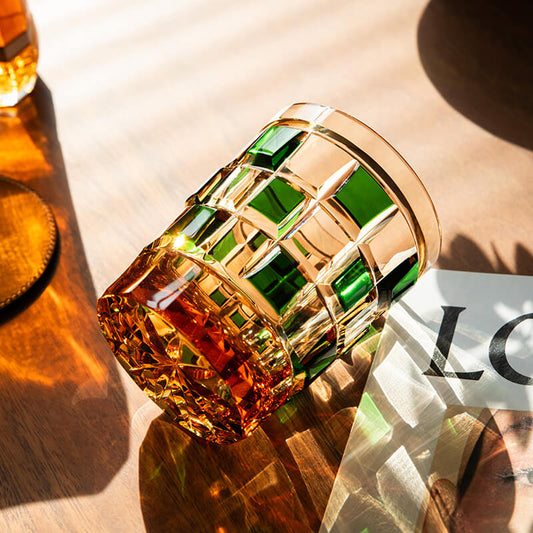 Edo Kiriko Green Amber Grid | Hand Cut Czech Crystal Whiskey Glass & Old Fashioned Rocks Glass | Bohemian Gift (13.5oz)