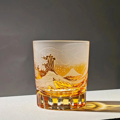 Edo Kiriko Fuji Wave amber whisky glass with Mount Fuji and wave motif