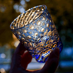 Edo Kiriko Blue Amber hand-cut whisky glass with blue crystal pattern