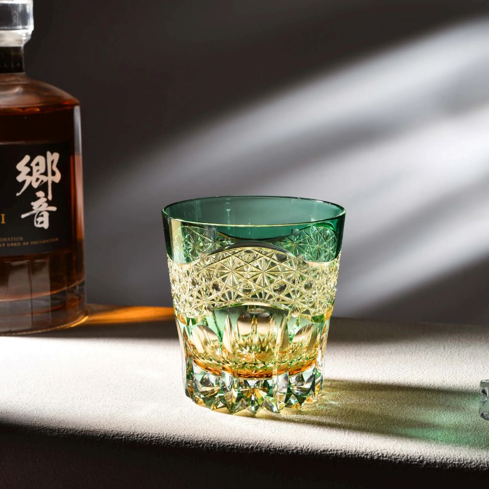 Edo Kiriko Emerald Prism | Hand Cut Crystal Whiskey Glass & Old Fashioned Rocks Glass | Luxury Gift in Wooden Box (10oz)