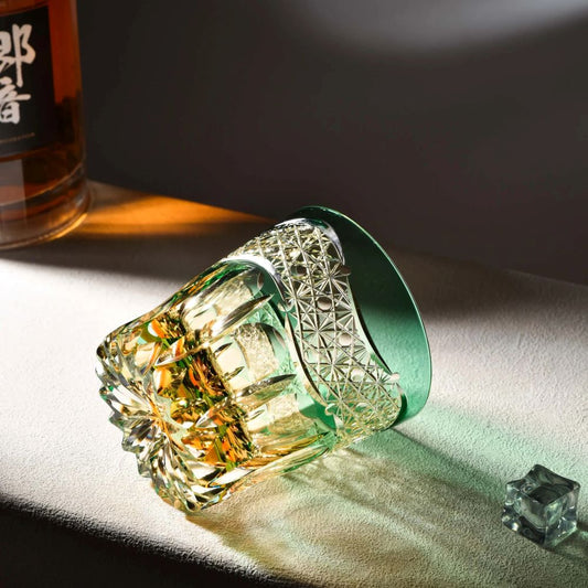 Edo Kiriko Emerald Prism | Hand Cut Crystal Whiskey Glass & Old Fashioned Rocks Glass | Luxury Gift in Wooden Box (10oz)