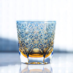 Edo Kiriko Blue Starburst | Hand Cut Crystal Whiskey Glass & Old Fashioned Rocks Glass | Japanese Gift (10oz)