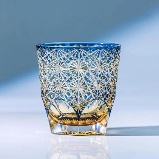 Edo Kiriko Blue Starburst | Hand Cut Crystal Whiskey Glass & Old Fashioned Rocks Glass | Japanese Gift (10oz)