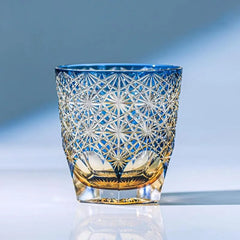 Edo Kiriko Blue Starburst | Hand Cut Crystal Whiskey Glass & Old Fashioned Rocks Glass | Japanese Gift (10oz)