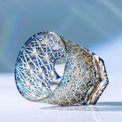 Edo Kiriko Blue Starburst | Hand Cut Crystal Whiskey Glass & Old Fashioned Rocks Glass | Japanese Gift (10oz)