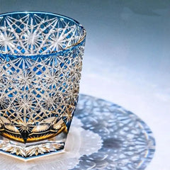Edo Kiriko Blue Starburst | Hand Cut Crystal Whiskey Glass & Old Fashioned Rocks Glass | Japanese Gift (10oz)