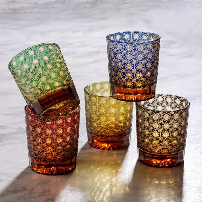 Edo Kiriko Star Chrysanthemum multi-color whisky glasses arranged as a gift set