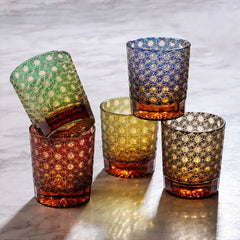 Edo Kiriko Star Chrysanthemum multi-color whisky glasses arranged as a gift set