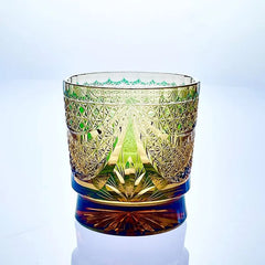 Edo Kiriko Sparkling Galaxy whisky glass front view with green and gold crystal cuts