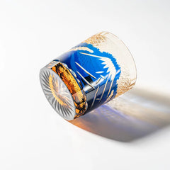 Edo Kiriko Mount Fuji Blue whisky glass lying on side showing blue Mount Fuji design