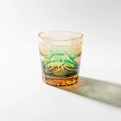 Edo Kiriko Mount Fuji Green whisky glass front view with green mountain motif