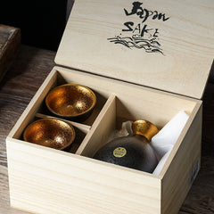 Jinpo Handcrafted Kinsai Gold Leaf Ochoko Sake Set with Wooden Gift Box