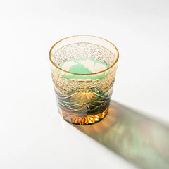 Edo Kiriko Mount Fuji Green whisky glass top view with pale green mountain motif