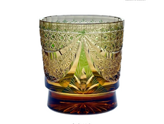 Edo Kiriko Sparkling Galaxy whisky glass front view with green and gold cut crystal pattern