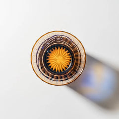 Edo Kiriko Mount Fuji Blue whisky glass base view with golden radial cut detail