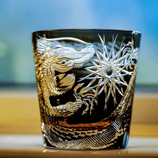 Edo Kiriko Soaring Dragon whisky glass with engraved dragon and starburst motif