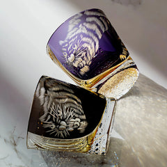 Edo Kiriko Kuro Tora and Murasaki Tora whisky glasses paired on light background