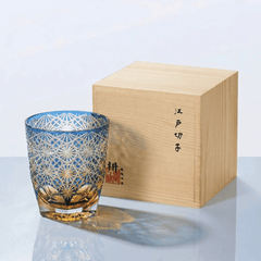 Edo Kiriko Blue Starburst | Hand Cut Crystal Whiskey Glass & Old Fashioned Rocks Glass | Japanese Gift (10oz)