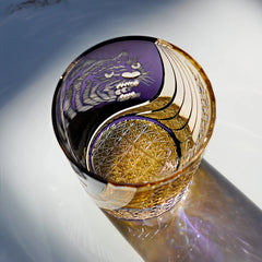 Edo Kiriko Murasaki Tora whisky glass top view with purple and gold crystal pattern