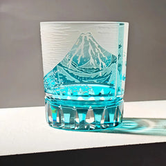 Edo Kiriko Fuji Wave blue whisky glass with Mount Fuji design and turquoise base