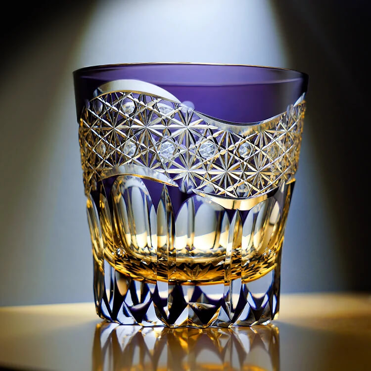 Edo Kiriko Emerald Prism | Hand Cut Crystal Whiskey Glass & Old Fashioned Rocks Glass | Luxury Gift in Wooden Box (10oz)