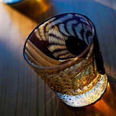 Edo Kiriko Murasaki Tora whisky glass top angle showing tiger engraving and crystal facets