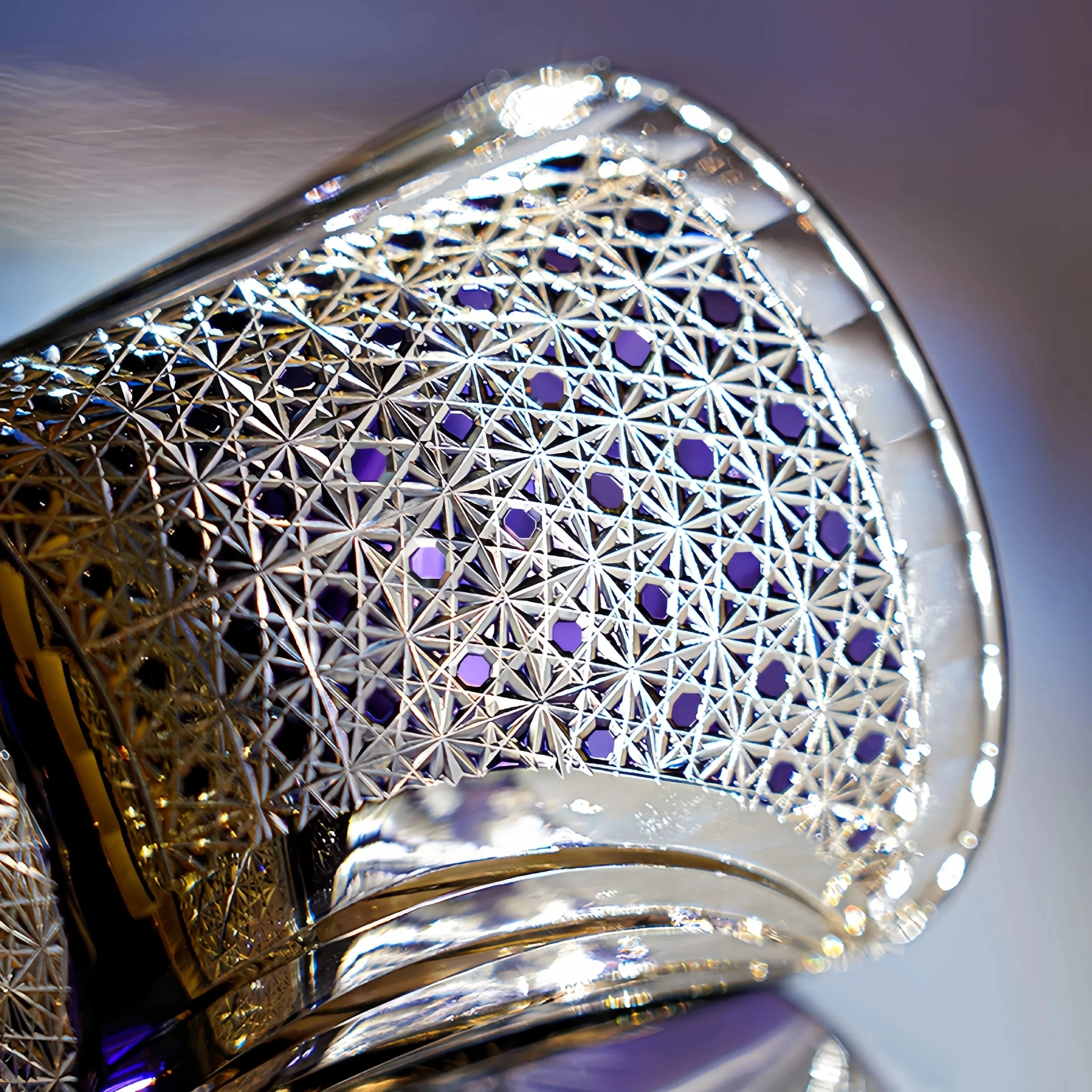 Edo Kiriko Murasaki Tora whisky glass detail view of geometric hand-cut crystal pattern