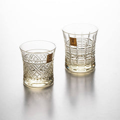 Kohaku Kiku and Yarai glasses side by side on white, showing two different cut patterns